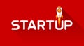 StartUp inscription on red background. Rocket launch. New business. Vector design art for you projects